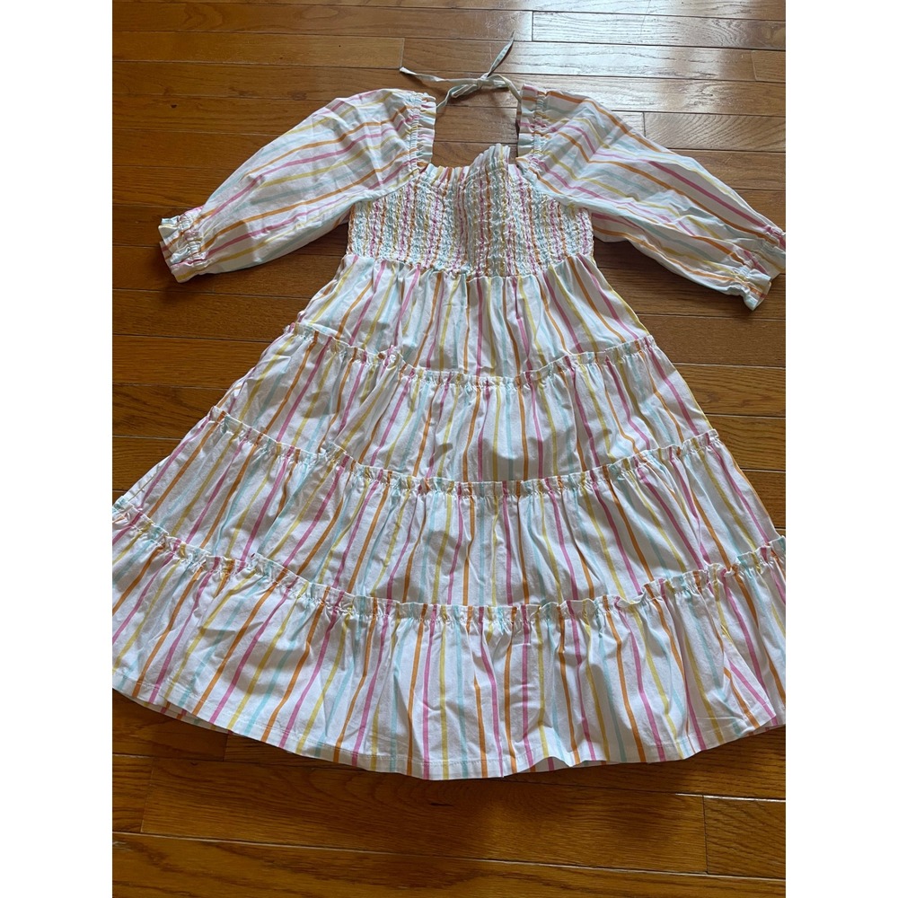 Crown & Ivy Dress Kids Girls Small Rainbow Striped Tiered Smocked Square Neck‎